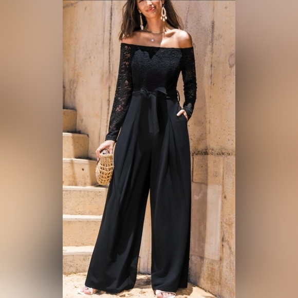 NWT Cupshe Elegant Lace Off-shoulder Wide-leg Jumpsuit, Large - Picture 1 of 9